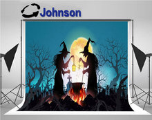 Happy Halloween Old Witch Magical full moon tree graveyard background   Computer print party photo backdrop 2024 - buy cheap