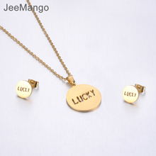 JeeMango Stainless Steel Sets For Women Gold Color Lucky Tag Charm Necklace Earrings For Women Lover's Anniversary Jewelry 2024 - buy cheap