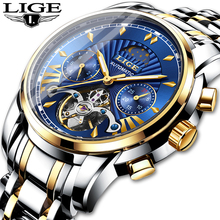 LIGE New Luxury Gold Automatic Mechanical Mens Watch Men Waterproof Diving Watches Luminous Stainless Steel Tourbillon Men Clock 2024 - buy cheap
