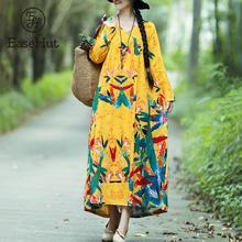 EaseHut Women Vintage Loose Dress Ethnic Floral Printed V Neck Long Sleeves Oversized Maxi Long Dress Autumn Casual Robe elbise 2024 - buy cheap