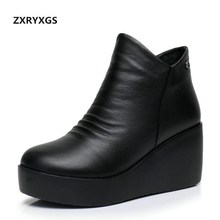 Top Cowhide Spring Shoes Platform Wedges Women Boots 2022 New Winter Leather Boots High Heels Women Ankle Boots Warm Snow Boots 2024 - buy cheap