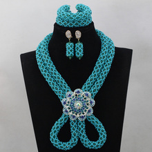 Luxury Blue Nigerian African Wedding Crystal Bead Jewelry Set Dubai Bride Necklace Set Free Shipping QW134 2024 - buy cheap