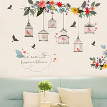 Colorful Flower Birds Birdcage Wall Sticker Decals Wall Art For Home Living Room Bedroom TV Background Garden Window Decor 2024 - buy cheap
