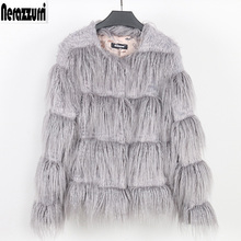 Nerazzurri Autumn winter short soft warm faux fur coat women long sleeve Striped hairy gray fake mongolian fur jacket clearance 2024 - buy cheap