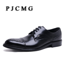 Pjcmg-sapatos masculinos de couro legítimo esculpidos em estilo oxford, com cadarço, estilo vintage, sapatos suaves para negócios 2024 - compre barato