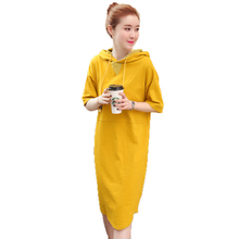 Medio largo vestidos de verano de 2019 nuevo coreano de gran tamaño con capucha delgada amarillo negro de las mujeres vestido de ropa 2024 - compra barato