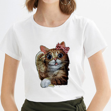 Новинка 2019, летняя футболка, женская футболка с принтом милого кота, кавайная футболка в стиле Харадзюку, хипстерские тонкие Топы с коротким рукавом, футболка, одежда 2024 - купить недорого