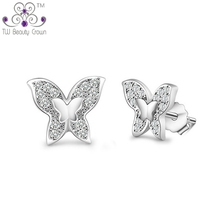 Authentic 925 Sterling Silver Stud Earrings Women Fashion Jewelry Micro Paving Butterfly White Blue Cubic Zirconia 2024 - buy cheap