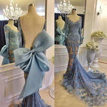Sexy Open Back 2018 Blue Mermaid Evening Gowns Sheer Long Sleeves Party Dress Custom Lace Applique Big Bow Pageant Prom Gowns 2024 - buy cheap