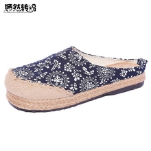 Women Linen Slippers Chinese Vintage Soft Flats Casual Slip On Round Toe Cotton Canvas Fabric Shoes Woman Plus Size 44 2024 - buy cheap