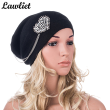 New Winter Autumn Women's Hat Cashmere Heart Rhinestone Beanies Street Cap Brand Knitted Crochet Slouch Bonnet Baggy Skull A398 2024 - buy cheap