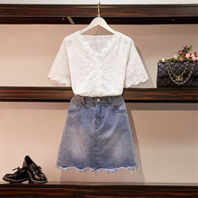 Two Piece Set 2019 Summer Women White Lace Soild Crochet Hollow Out Short Sleeve Tops+Jeans Clothing Pocket Denim Skirt Suits 2024 - buy cheap