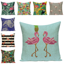 Série flamingo capa de travesseiro decorativa, almofadas para sofá, capas para travesseiro em linho, acessórios para cadeira, padrão de folhas de palma, decoração para casa 2024 - compre barato