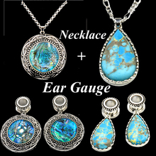 BOG-Vintage Natural Mother of pearl Medallion Dew Drop Pendnat Necklace Chain Dangle Ear Expander Necklace+Ear Gauge 2024 - buy cheap