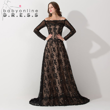 Middle East Black Lace Muslim Arabic Evening Dress Long Sleeve Boat Neck Kaftan Dubai Evening Gown with Train Robe de Soiree 2024 - buy cheap