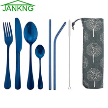 Jankng conjunto de louça azul reutilizável, conjunto de utensílios de viagem de aço inoxidável 304, com bolsa, reutilizável, canudo 2024 - compre barato