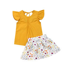 Комплект одежды из 2 предметов для маленьких девочек, желтый топ с рукавами-крылышками + юбка с цветочным рисунком праздничная одежда От 1 до 5 лет 2024 - купить недорого