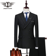 Мужской двубортный костюм Plyesxale, модель 2018 года, облегающие мужские костюмы с брюками, черные, серые мужские свадебные костюмы для жениха с вышивкой, 2 шт., Q186 2024 - купить недорого