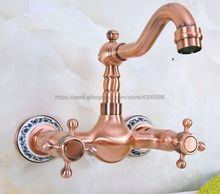 Antique Red Copper Wall Mounted Basin Faucets Bath Faucets Dual Handle Dual Hole Bathroom Sink Washbasin Water Mixer Tap Bnf941 2024 - buy cheap