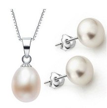HOT CHEAP SALE Fashion Freshwater Pearl Pendant/Stud Pearl Earrings with Silver Chain Set Jewelry Party Gift 2024 - buy cheap