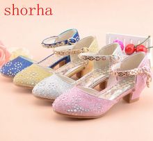Zapatos de tacón alto de princesa con purpurina para niñas, sandalias rosas para baile, bodas, fiesta de cuero y cristal 2024 - compra barato
