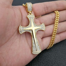 Hip Hop Rhinestones Paved Bling Iced Out Gold Color Stainless Steel Temple Knights Cross Pendants Necklace for Men Jewelry 2024 - buy cheap