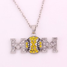 New Arrival zinc studded with sparkling crystal MOM BASEBALL  yellow enamel jewellery charm necklace 2024 - buy cheap