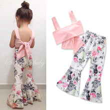 Conjunto de ropa de verano para niñas, Top de tirantes Rosa + pantalón acampanado con estampado Floral, trajes de estilo Pastoral para niñas pequeñas de 2 a 6T, 2 uds., 2018 2024 - compra barato