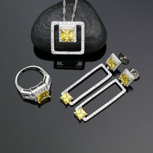 925 conjuntos de prata para mulheres, amarelo, zircônia cúbica, cristal branco, brincos, pingente de anel, colar, joias de prata, conjunto 2024 - compre barato