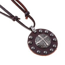 Fashion Punk Male Leather Necklace Vintage Retro Cross Charm Round Pendant Leather Rope Necklace Jewelry For Men Women 2024 - buy cheap