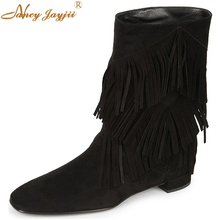 Nancyjayjii negro y gamuza caqui invierno nieve borla media pantorrilla cómodo caminar tacones bajos vestido botas mujer, de talla grande 4-16. 2024 - compra barato