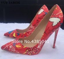 Yue jaboas artísticas grafite impresso feminino, sexy stiletto salto alto vermelho senhoras para festa bico fino sapatos customizados aceitos 2024 - compre barato