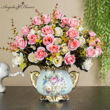1 комплект Европейский искусственный цветок + ваза гостиная домашний стол Свадебный декор в горшке орнамент в стиле бонсай шелк Флорес + керамическая ваза подарок 2024 - купить недорого