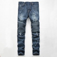 Men's Fashion Brand Designer Ripped Biker Jeans Men Distressed Moto Denim Joggers Washed Pleated Jean Pants Blue 2024 - buy cheap
