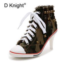 Pumps 2021 Sexy Spring Shoes High-top Lace-up High-heeled Cowboy Camouflage Women Ankle Boots Canvas Rivet Student Shoe Big Size 2024 - buy cheap