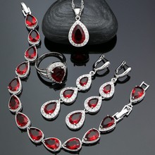Conjuntos de joias de prata 925, joias para mulheres, zircônia cúbica vermelha, cristal branco, pulseira, pingente, colar, brincos longos, joias de noiva 2024 - compre barato