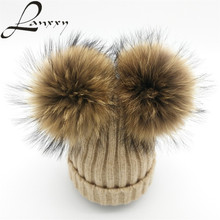Lanxxy Real Mink Fur Pompom Hat Women Winter Caps Knitted Wool Cotton Hats Two Pom Poms Skullies Beanies Bonnet Girls Female Cap 2024 - buy cheap