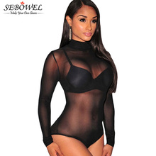 Sebowel sexy preto malha sem forro bodysuits mulheres manga longa ver através bodysuit bodycon feminino malha clube macacões ternos do corpo 2024 - compre barato