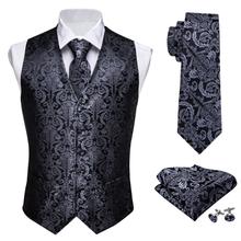 Designer Mens Classic Black Paisley Jacquard Folral Silk Waistcoat Vests Handkerchief Tie Vest Suit Pocket Square Set Barry.Wang 2024 - купить недорого