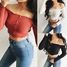 Camisa midriff feminina sexy, babados, ombro, regata, botão frontal, cor sólida 2024 - compre barato