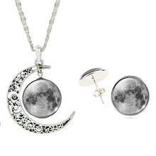 Christmas Jewelry Set Silver Plated Glass Cabochon Moon Pattern Necklace Pendant with Earring set for Women 2024 - buy cheap