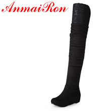 ANMAIRON Sexy black Flat with Flock Over-the-Knee Boots Shoes Women Lace black Big Size34-47 Platform Long Boots For Women New 2024 - buy cheap