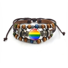 Pulseira do orgulho gay lésbico, bracelete com botão de pressão vintage, contas de madeira, corda de couro marrom, joias para amor gay 2024 - compre barato