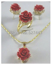 Wholesale JWEW6553 >>Pretty Crystal Red Coral rose Flower Pendant Earring Ring lady's set 2024 - buy cheap