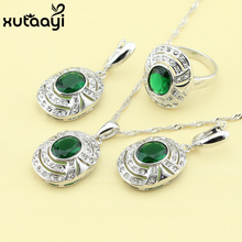 Wedding Three-Piece Jewelry Set  Silver Jewelry Green Imitated Emerald  Earring Necklace Pendant Ring For Women 2024 - buy cheap