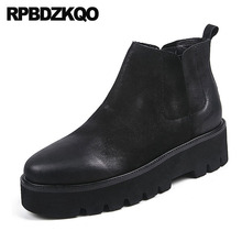 High Top Ankle Winter Boots Thick Soled Wedge Fur Sole Chelsea Real Leather Runway Booties Platform Men Slip On Casual Shoes 2024 - buy cheap