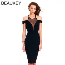 Black Off Shoulder Mesh See Through Sexy Women's Knee Length  2016 New Fashion Bodycon  Dress 2024 - buy cheap