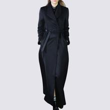 Женское осенне-зимнее шерстяное пальто с отложным воротником, модное темно-синее шерстяное пальто x-Long с поясом 2024 - купить недорого