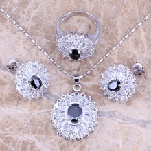 Conjunto de joyería de circonia cúbica negra, joyas chapadas en plata, anillo colgante, tamaño 6 / 7 / 8 / 9 / 10 S0109 2024 - compra barato