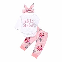 2019 Spring Infant Baby Girl Clothes Little Sister Bodysuits+Floral Leggings Pants+Bow Headband 3PCS Newborn Girls CLothing Sets 2024 - buy cheap